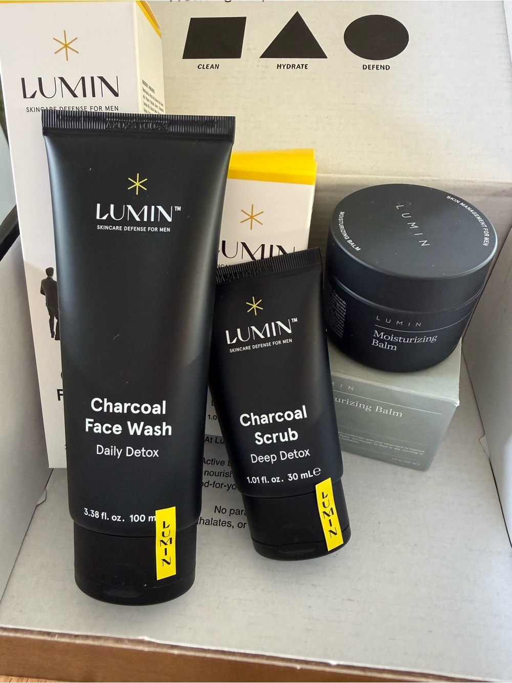 Lumin charcoal cleanser exfoliator rub moisturizer balm skincare system NEW NIB